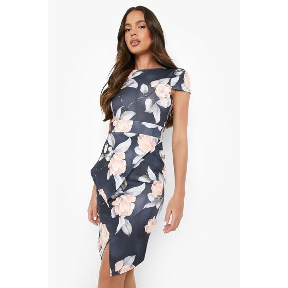 Boohoo Women’s Asymmetric Peplum Multicolor Floral Print Midi Dress Size 6 - Picture 1 of 16